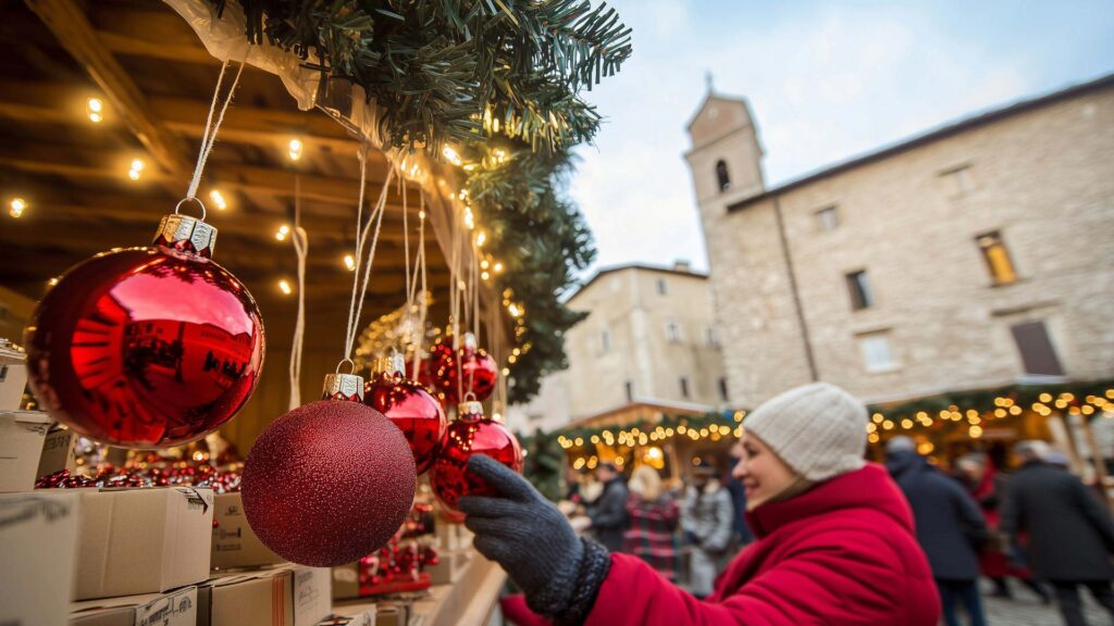 Decorazioni natalizie rosse in un mercatino all’aperto in Umbria.