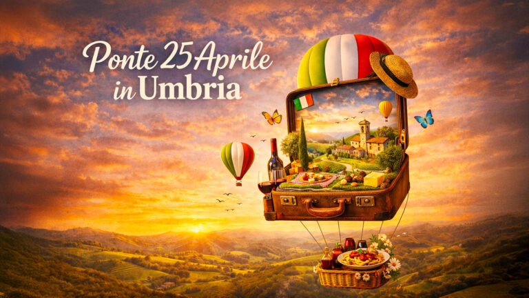 Illustrazione promozionale del Ponte 25 Aprile 2026 in Umbria Al Grappolo d’Oro, con paesaggio umbro primaverile, mongolfiera tricolore e specialità gastronomiche.