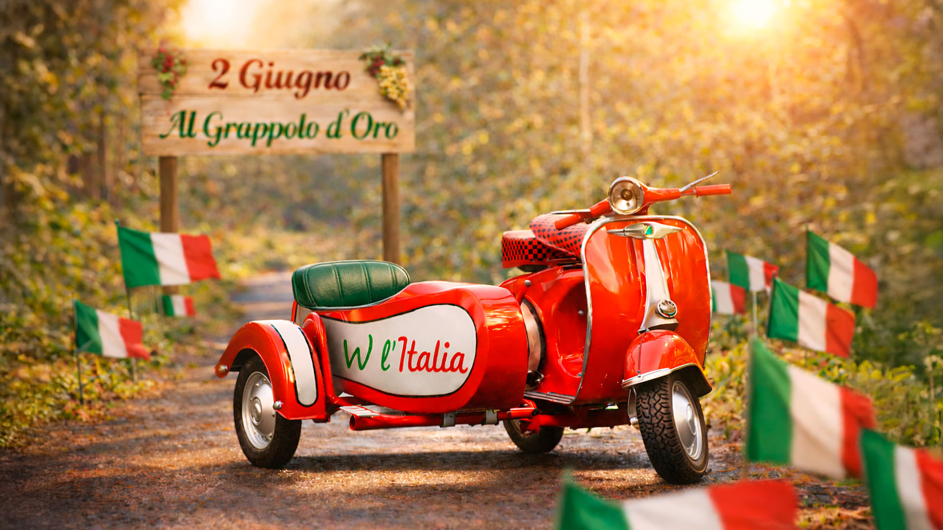 Vespa rossa vintage con bandiere italiane su strada di campagna per offerta ponte 2 giugno boutique hotel in Italia