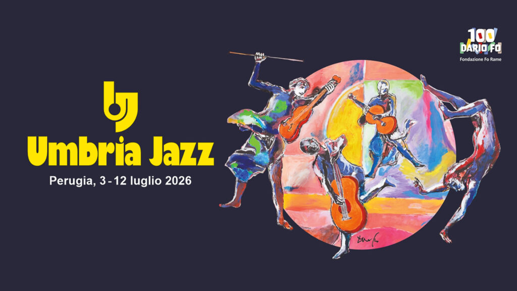 Manifesto ufficiale di Umbria Jazz 2026 con “La Danza degli Zanni”, festival in programma a Perugia dal 3 al 12 luglio 2026.