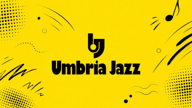 Logo Umbria Jazz nero su sfondo giallo brillante con elementi grafici astratti e design moderno minimalista.
