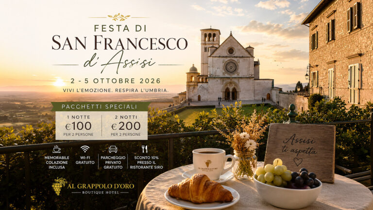 Offerta Festa di San Francesco Assisi 2026 con soggiorno in boutique hotel vicino Assisi e colazione inclusa